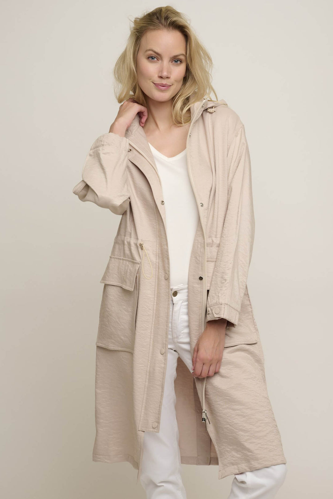 Rino & Pelle Bora 7002420 Shell Beige Long Hooded Coat - Olivia Grace Fashion