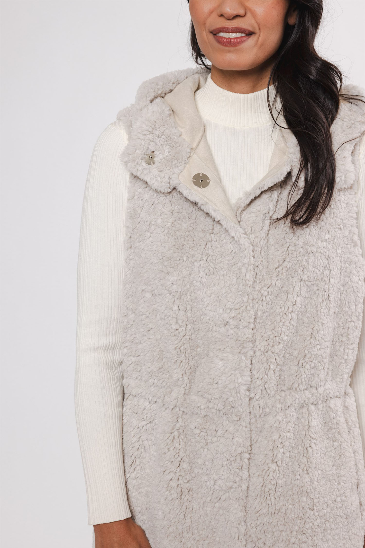 Rino & Pelle Faux Fur Reversible Hooded Long Gilet Birch Cream