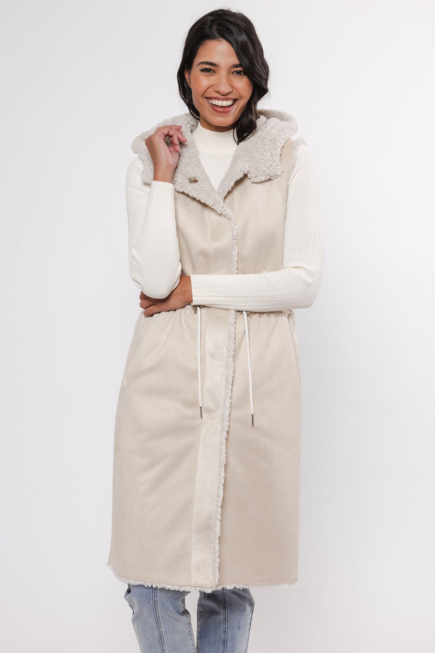 Rino & Pelle Faux Fur Reversible Hooded Long Gilet Birch Cream
