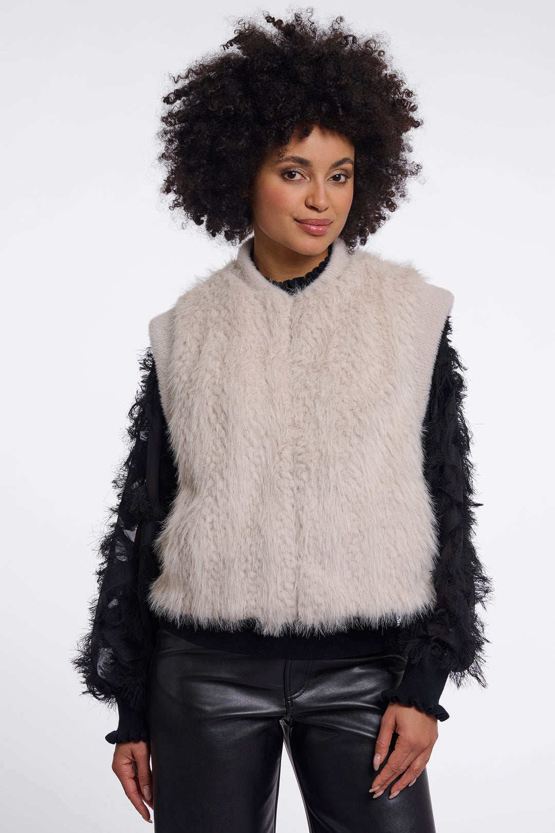 Olivia Grace Fashion - Rino & Pelle Alvita Birch Beige Faux Fur Waistcoat with Hook & Eye Closure