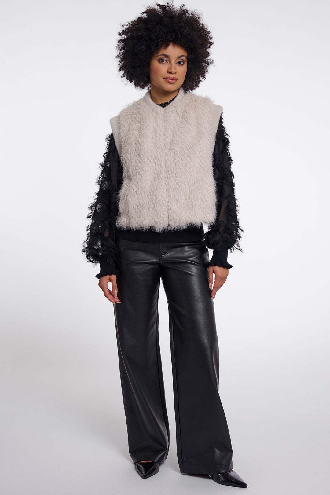 Olivia Grace Fashion - Rino &amp; Pelle Alvita Birch Beige Faux Fur Waistcoat with Hook &amp; Eye Closure