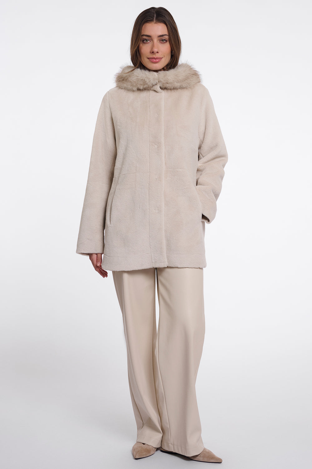 Olivia Grace Fashion - Rino & Pelle Mans Birch Beige Faux Fur Coat with Detachable Hood