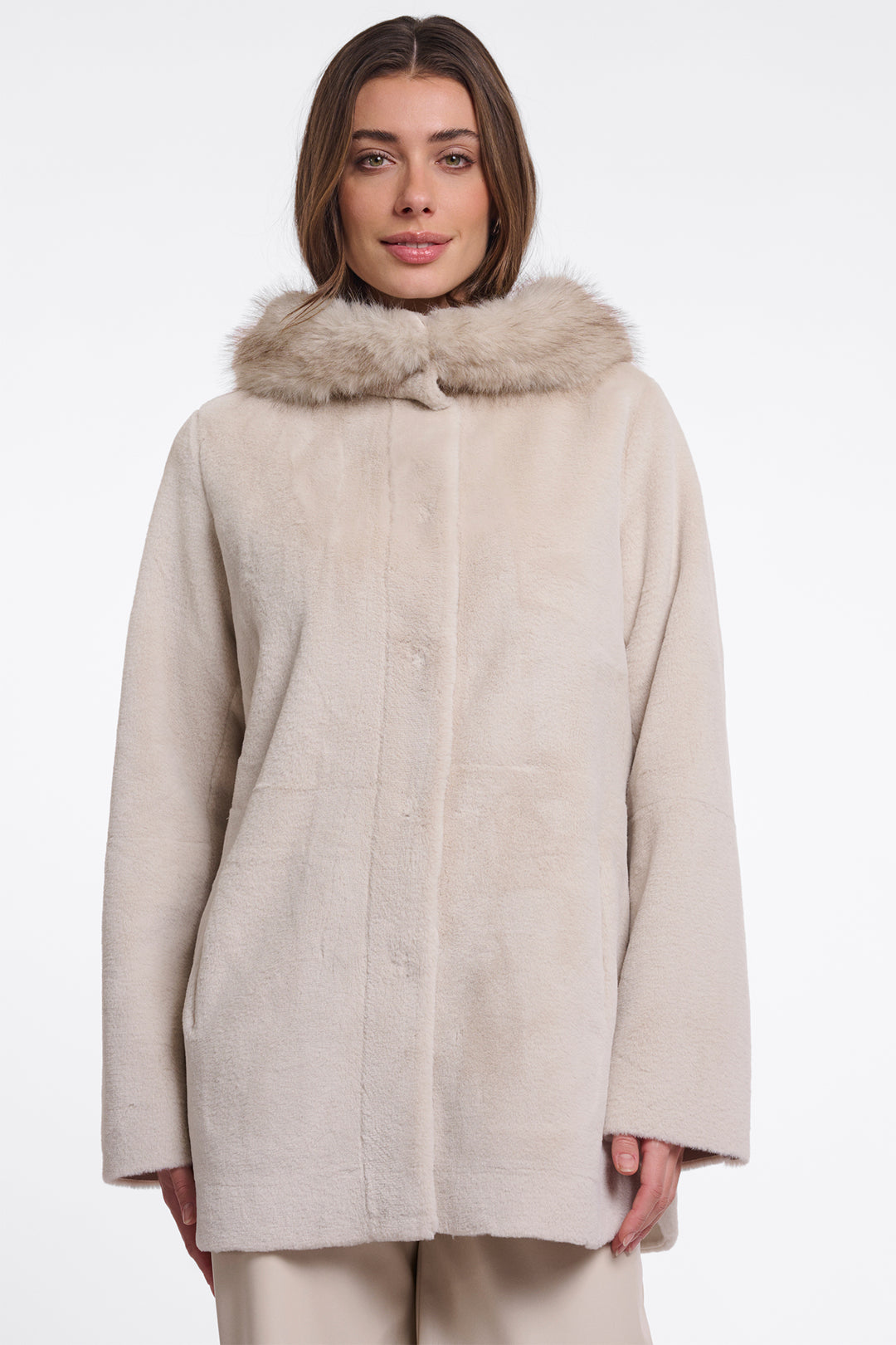 Olivia Grace Fashion - Rino & Pelle Mans Birch Beige Faux Fur Coat with Detachable Hood