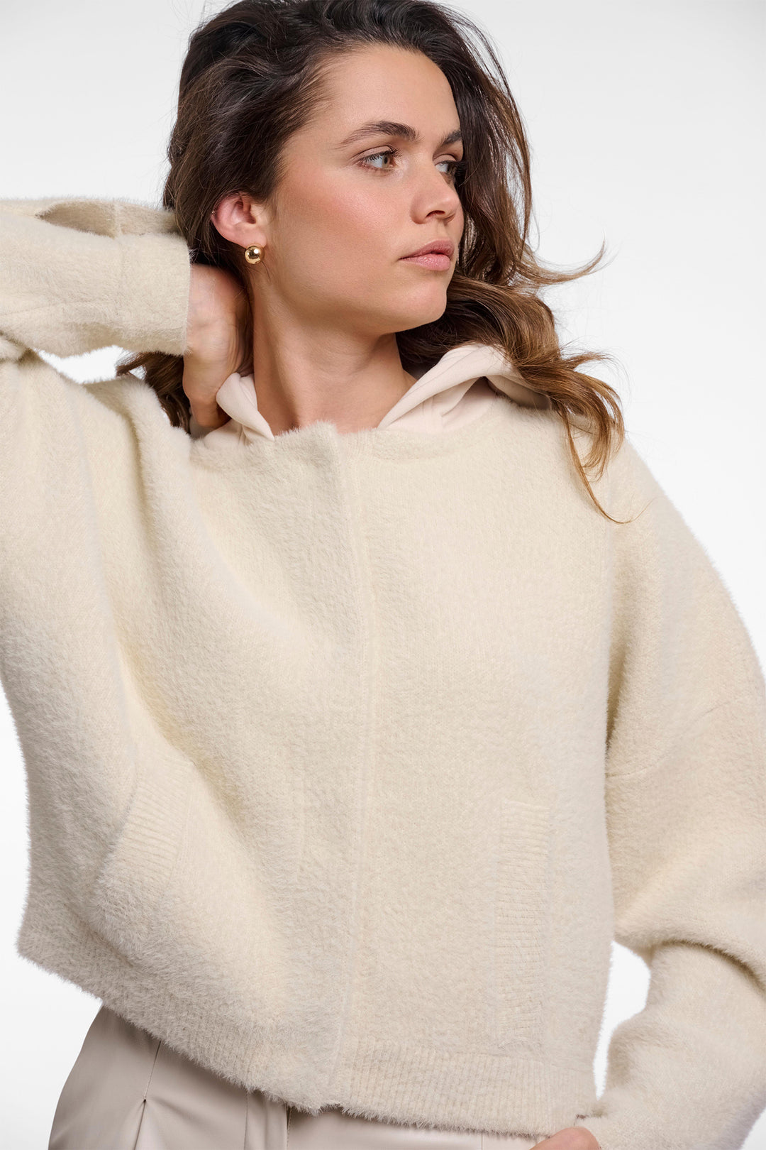 Rino &amp; Pelle Marvon Birch Beige Hooded Cardigan 9030, styled
