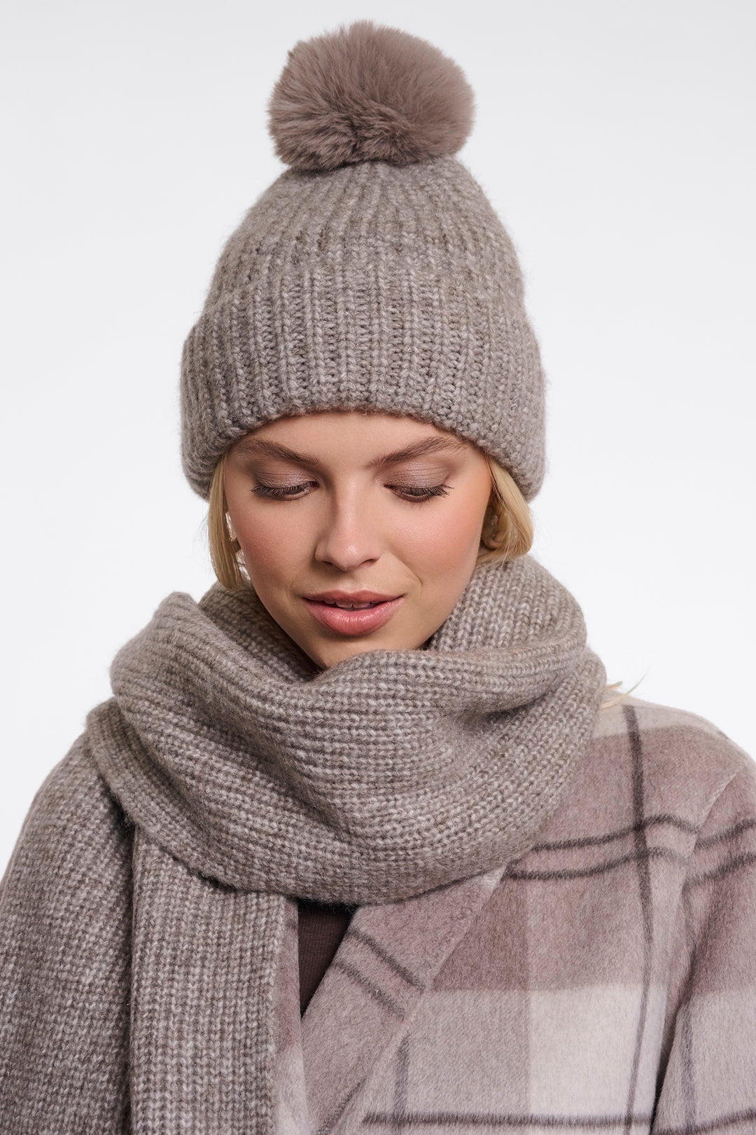 Olivia Grace Fashion - Rino & Pelle Nancy Toffee Blend Grey Beanie with Pompon and Fleece