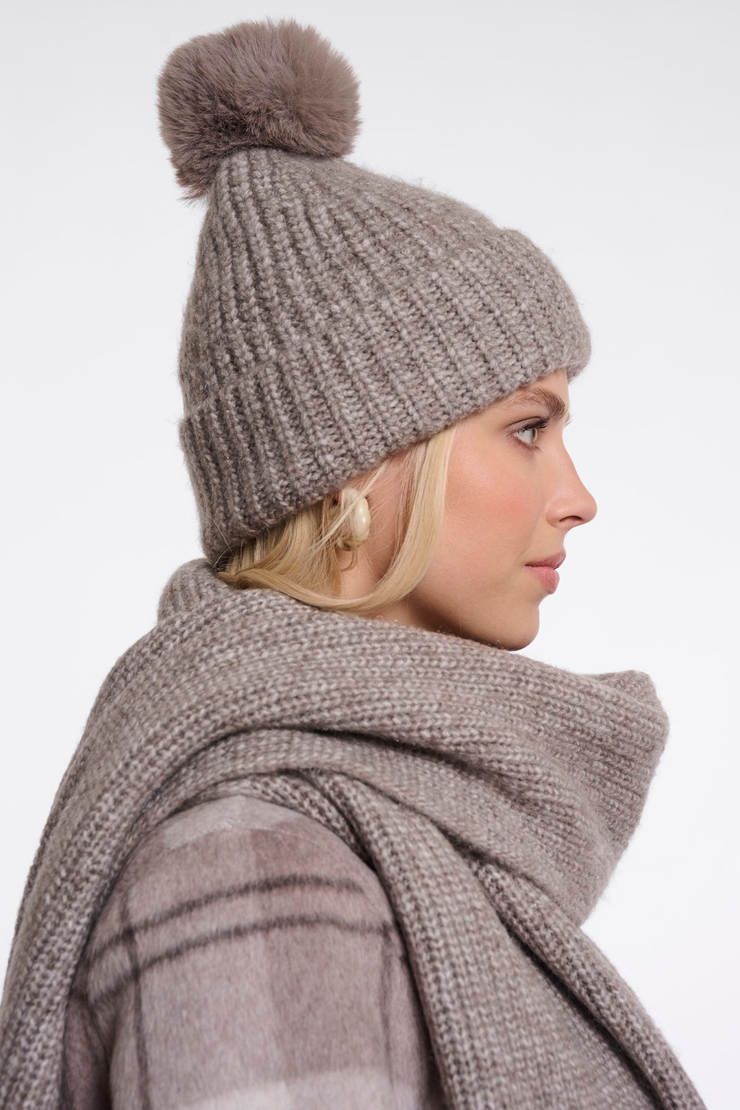 Olivia Grace Fashion - Rino &amp; Pelle Nancy Toffee Blend Grey Beanie with Pompon and Fleece