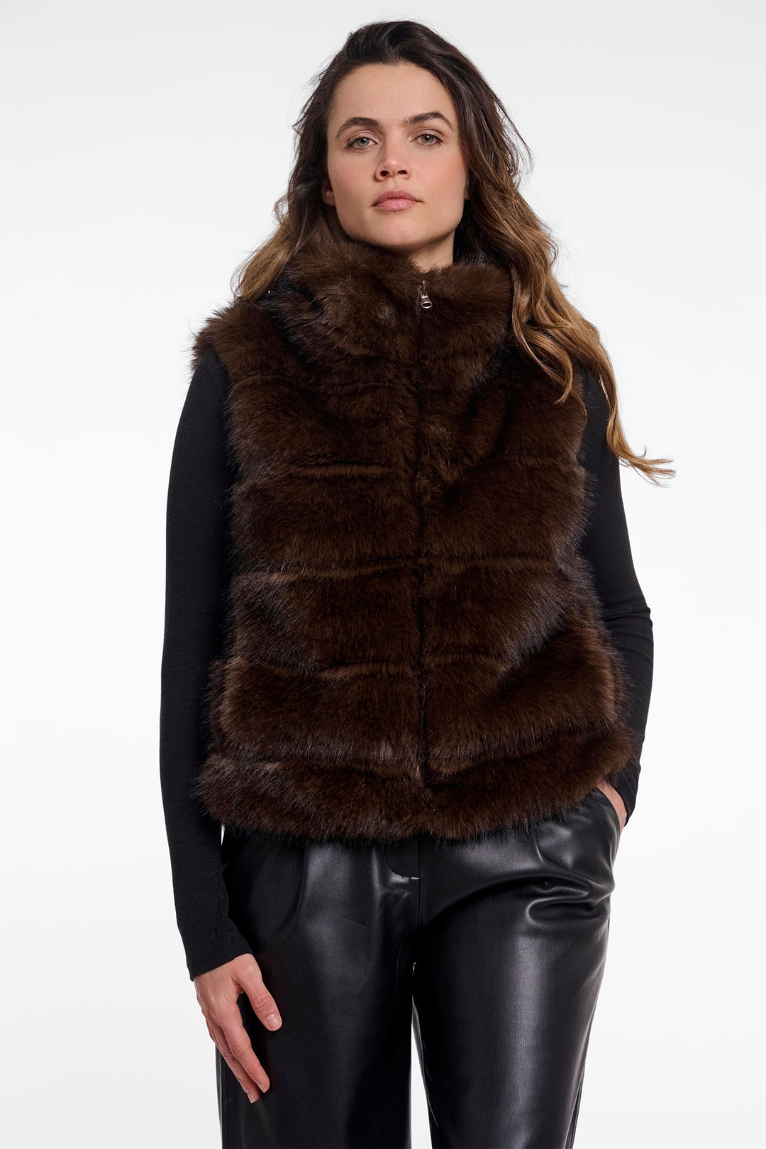 Rino & Pelle Samar Dark Brown Faux Fur Waistcoat 10165, front view