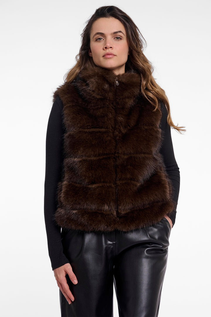 Rino &amp; Pelle Samar Dark Brown Faux Fur Waistcoat 10165, front view
