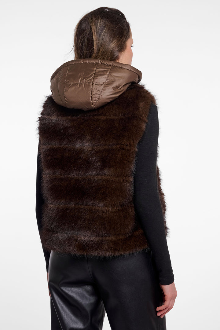 Rino &amp; Pelle Samar Dark Brown Faux Fur Waistcoat 10165, back view with hood