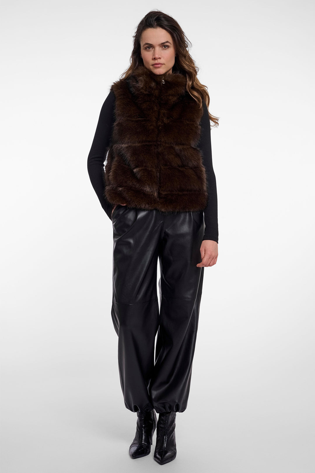 Rino &amp; Pelle Samar Dark Brown Faux Fur Waistcoat 10165, full length