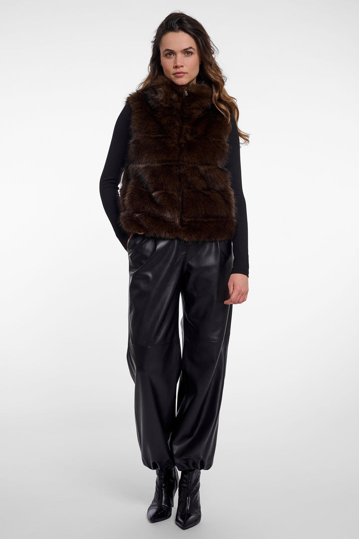 Rino &amp; Pelle Samar Dark Brown Faux Fur Waistcoat 10165, full length