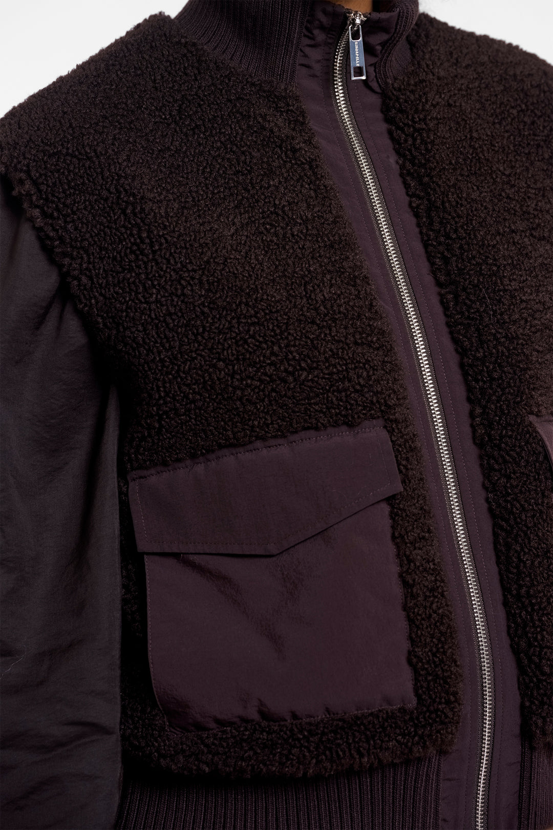 Rino &amp; Pelle Suzo Peated Brown Gilet 11104, detail of teddy fleece, zip and flap pocket