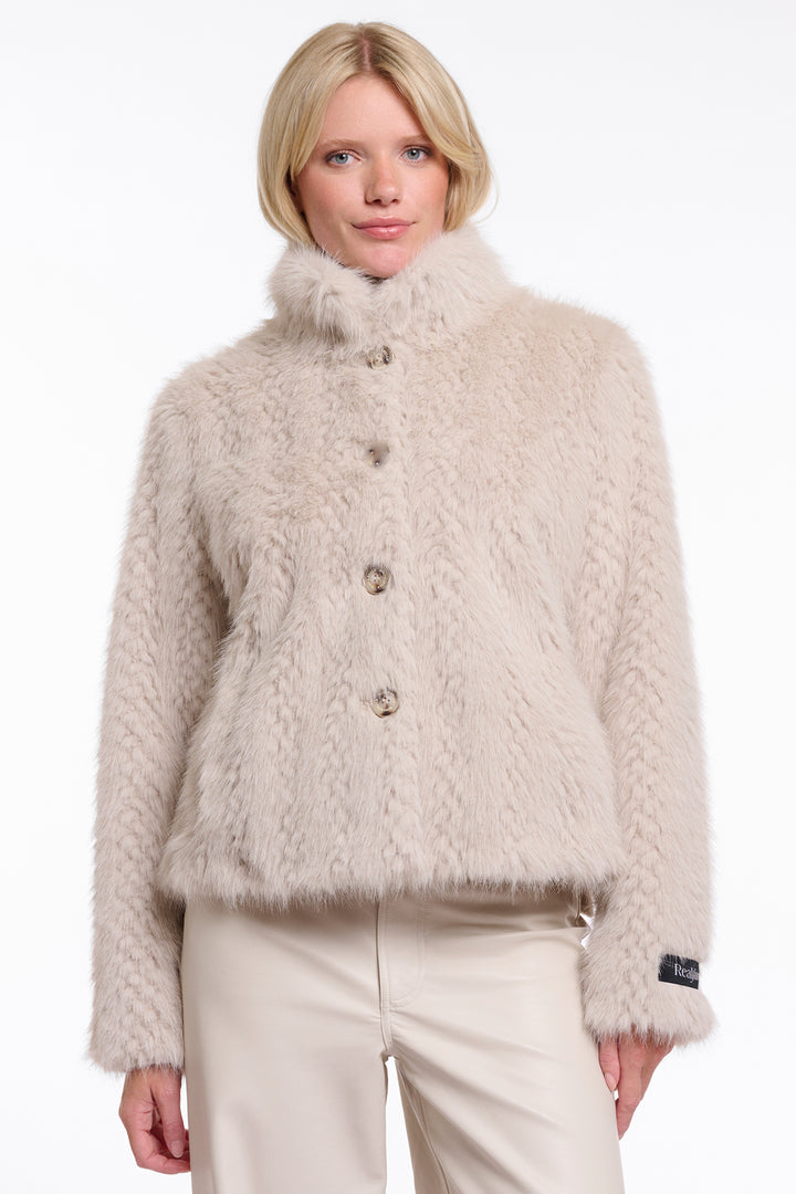 Olivia Grace Fashion - Rino &amp; Pelle Vie Birch Dessin Beige Single Breasted Faux Fur Jacket