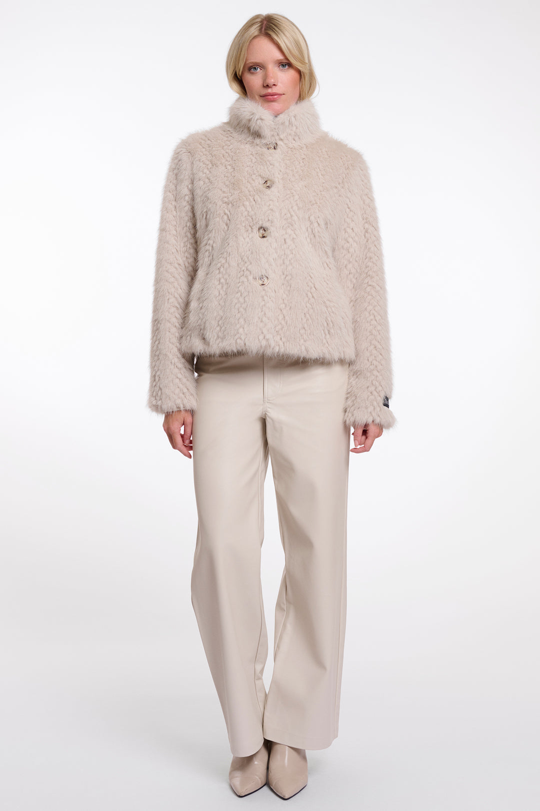 Olivia Grace Fashion - Rino &amp; Pelle Vie Birch Dessin Beige Single Breasted Faux Fur Jacket