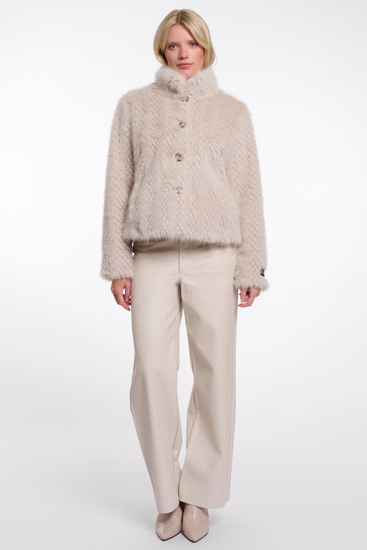 Olivia Grace Fashion - Rino &amp; Pelle Vie Birch Dessin Beige Single Breasted Faux Fur Jacket
