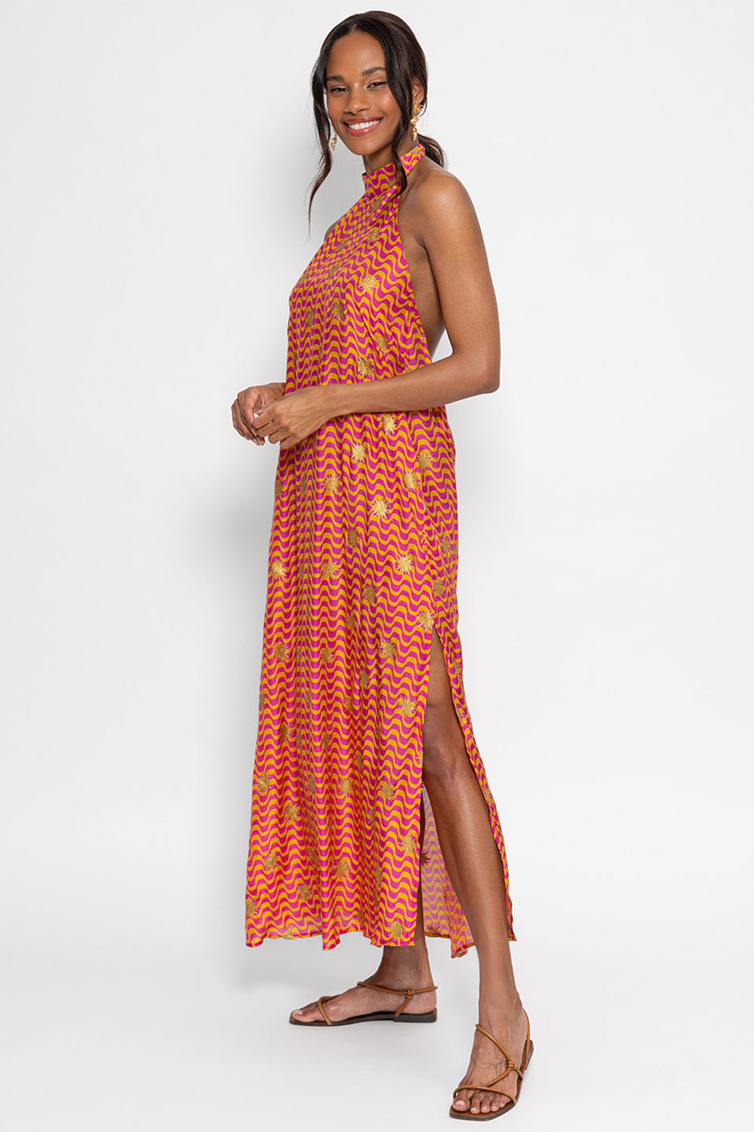 Sundress S24026 Chloe Fuchsia Orange Arizona Print Halterneck Dress - Olivia Grace Fashion