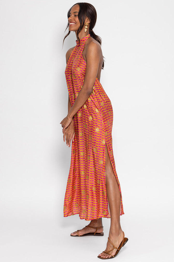 Sundress S24026 Chloe Fuchsia Orange Arizona Print Halterneck Dress - Olivia Grace Fashion