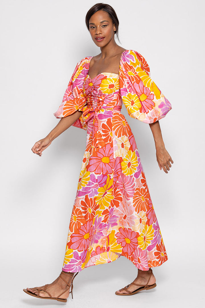 Sundress S24035 Orange Pink Emeline Saleya Print Puff Sleeve Dress - Olivia Grace Fashion