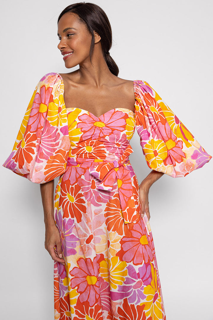 Sundress S24035 Orange Pink Emeline Saleya Print Puff Sleeve Dress - Olivia Grace Fashion