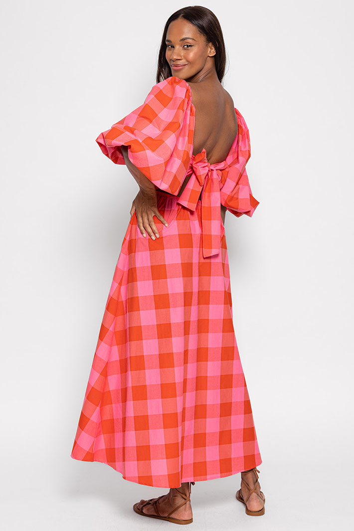 Sundress S24104 Rosine Red & Pink Gingham Print Puff Sleeve Dress - Olivia Grace Fashion