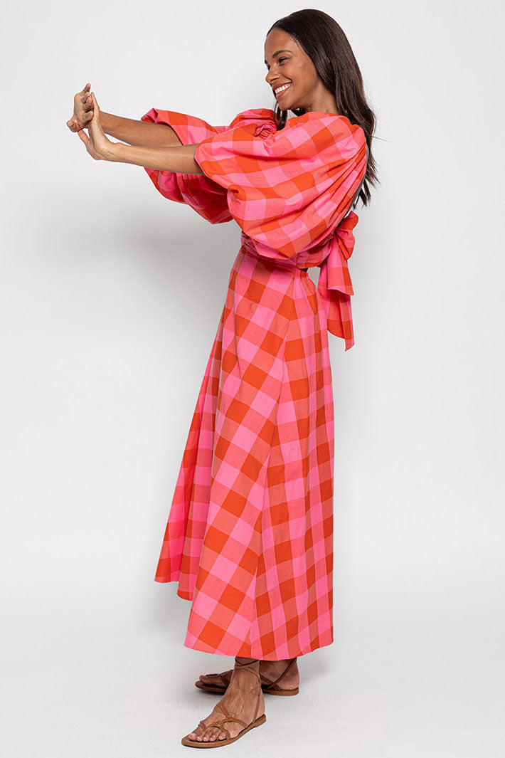 Sundress S24104 Rosine Red & Pink Gingham Print Puff Sleeve Dress - Olivia Grace Fashion