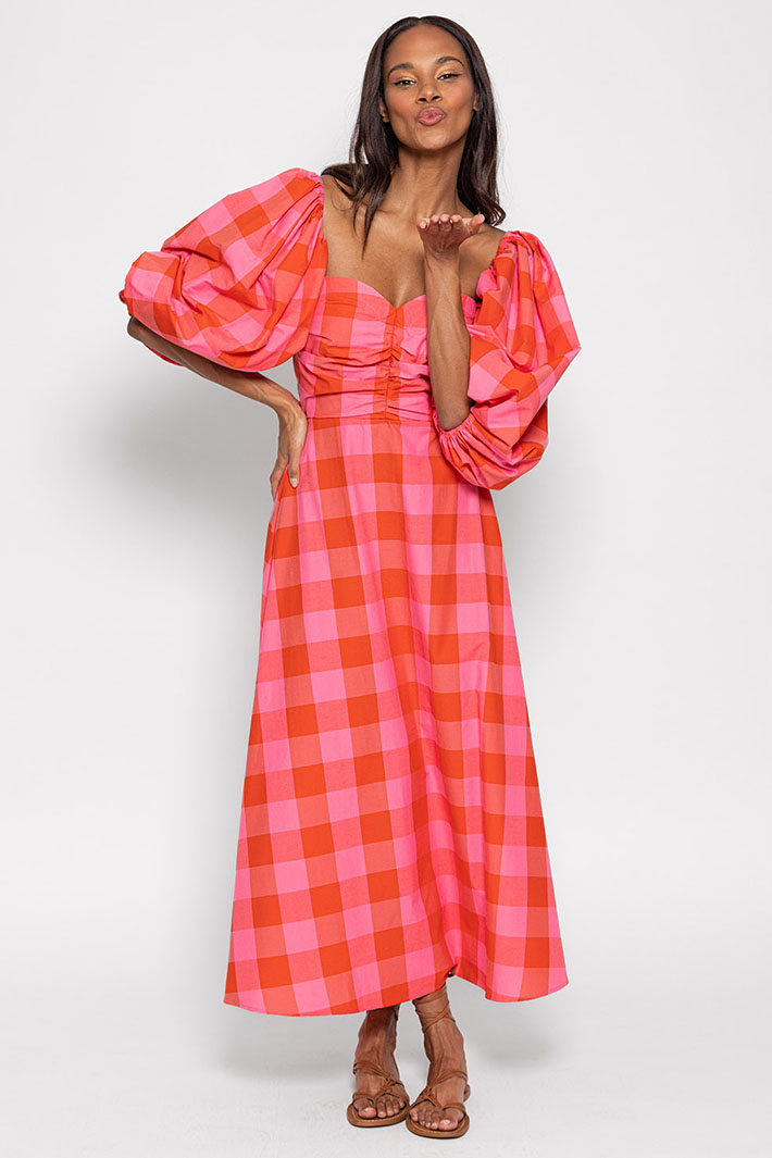 Sundress S24104 Rosine Red & Pink Gingham Print Puff Sleeve Dress - Olivia Grace Fashion