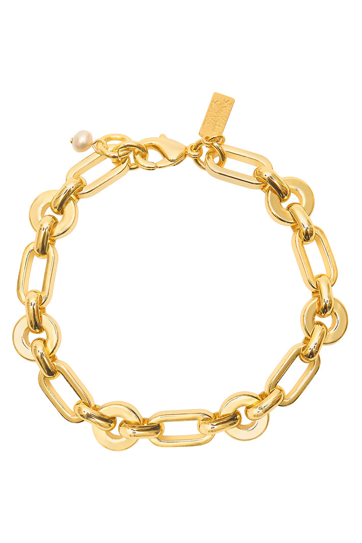 Talis Chains Chunky Link Gold Bracelet, full bracelet laid flat showing the lobster clasp and freshwater pearl charm