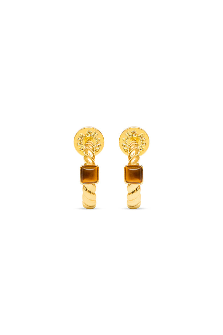 Talis Chains Everyday Twist Tiger's Eye Brown Hoop Earrings, front view of the pair showing the square tiger's eye stone