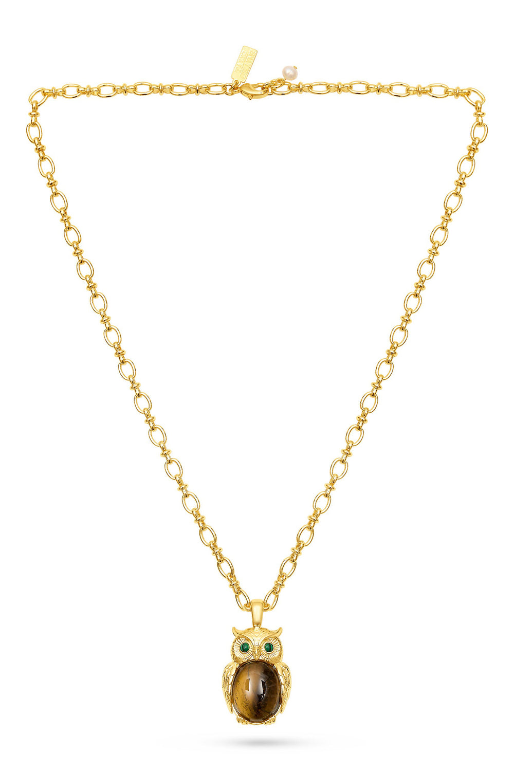 Talis Chains Owl Tiger's Eye Brown Pendant Necklace, full necklace laid flat showing the clasp and pearl detail