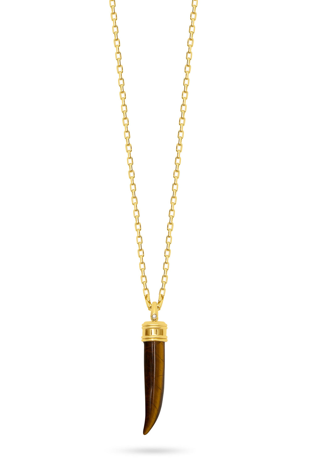 Talis Chains Tusk Tiger's Eye Brown Pendant Necklace, close view of the tiger's eye tusk pendant and gold cap