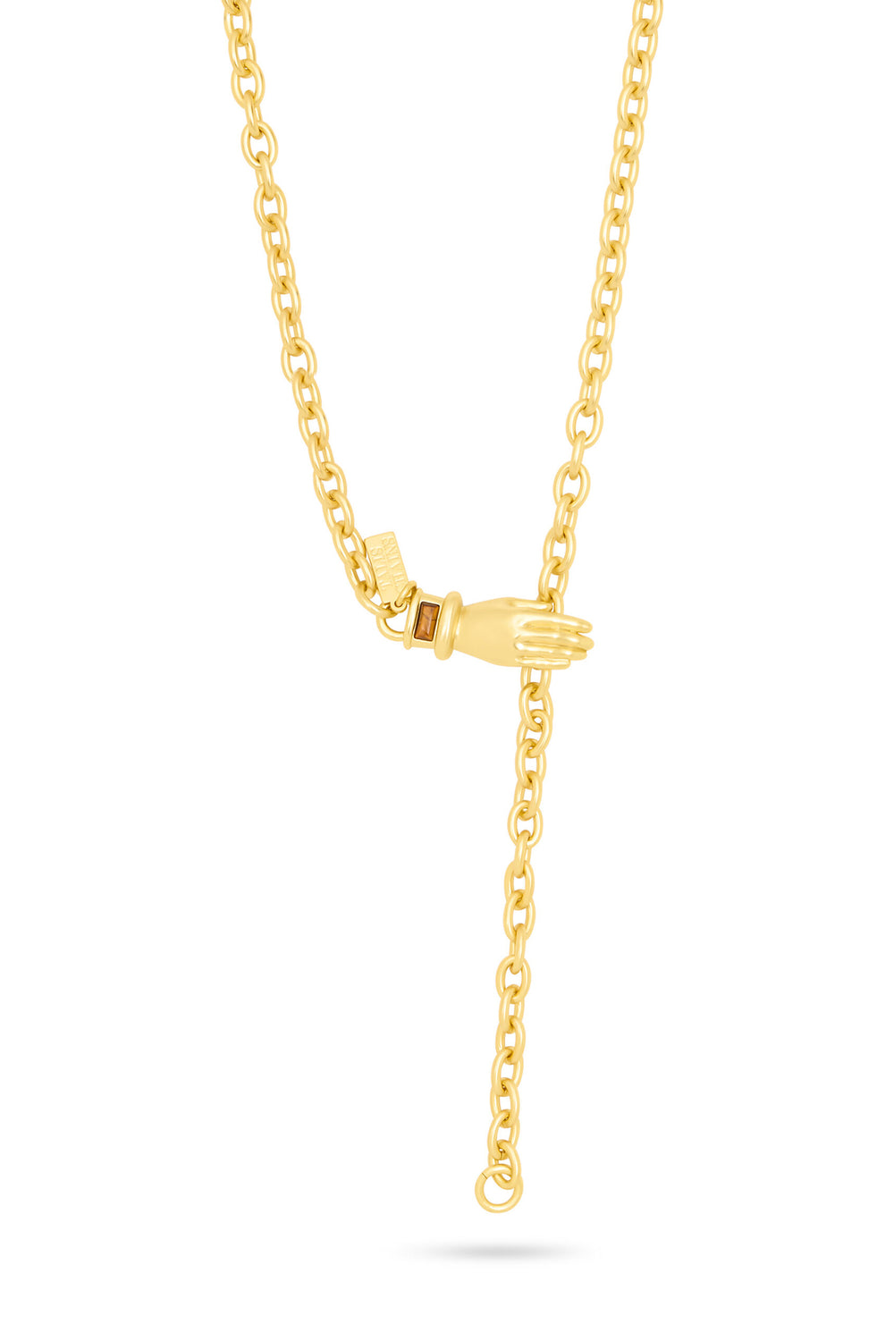 Talis Chains Wrap Around Tiger's Eye Brown Chain Necklace, detail of the gold hand clasp holding the tiger's eye stone