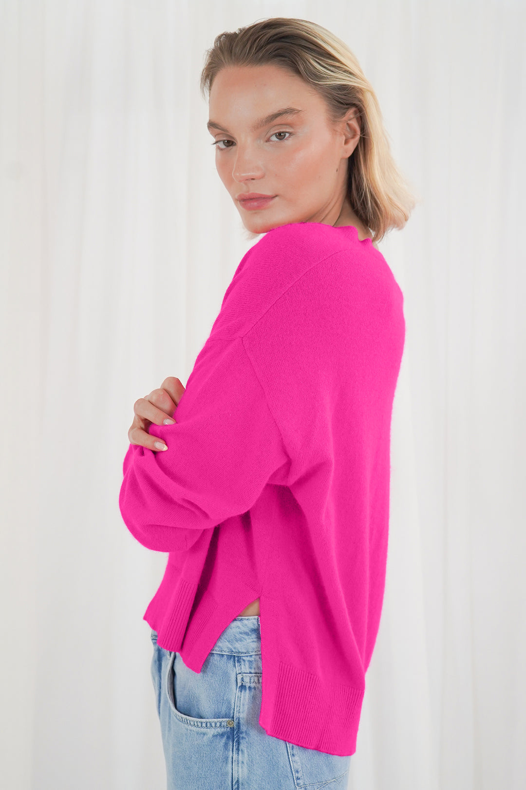 Twns The Label Boulder neon pink V-neck jumper at Olivia Grace Fashion