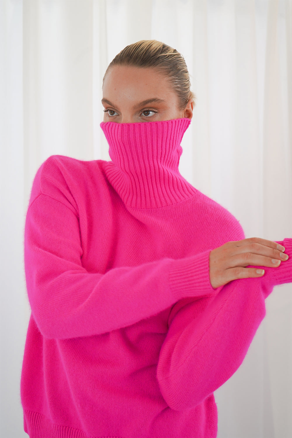 Twns The Label Greeley neon pink turtleneck jumper at Olivia Grace Fashion