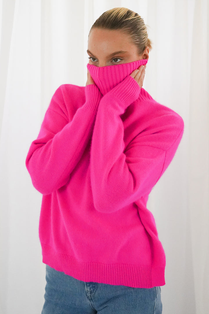 Twns The Label Greeley neon pink turtleneck jumper at Olivia Grace Fashion