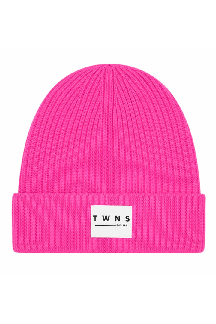 Twns The Label Littleton bubblegum pink ribbed beanie hat with turned-back cuff and woven logo tab at Olivia Grace Fashion