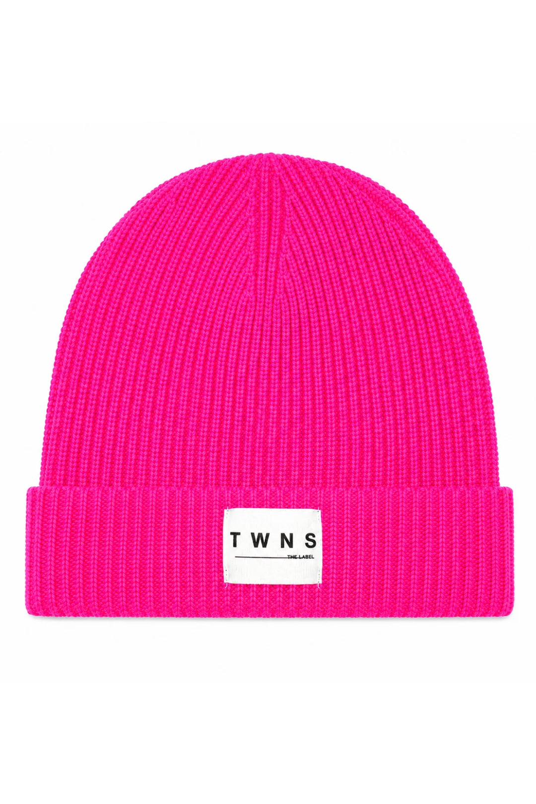 Twns The Label Littleton neon pink ribbed beanie hat with woven logo tab at Olivia Grace Fashion