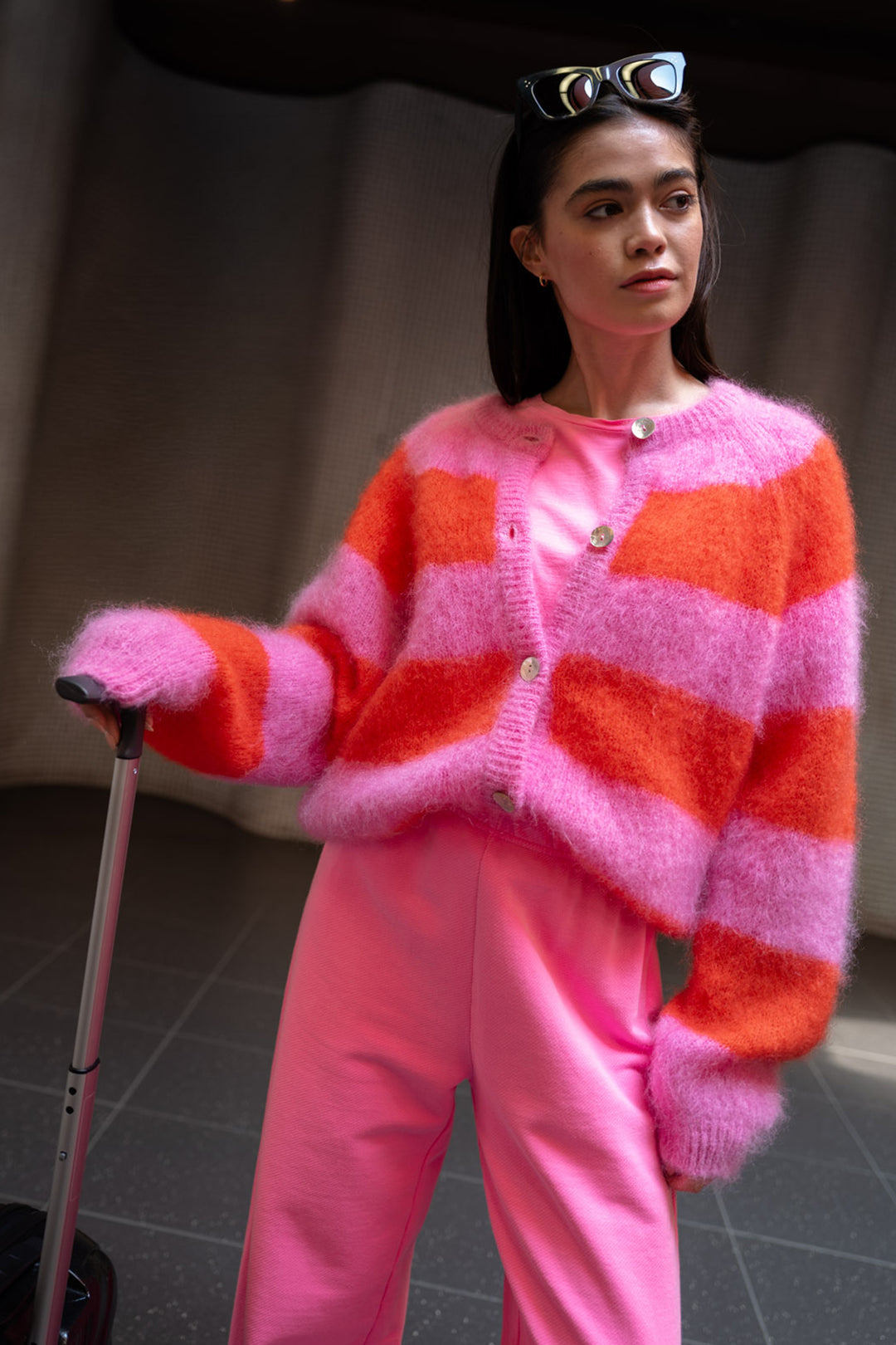Twns The Label Timea bubblegum fire striped cardigan at Olivia Grace Fashion