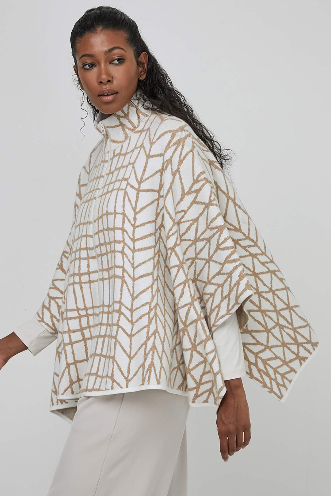 Uchuu CF23-906 Milk Sand Zip Front High Neck Poncho - Olivia Grace Fashion