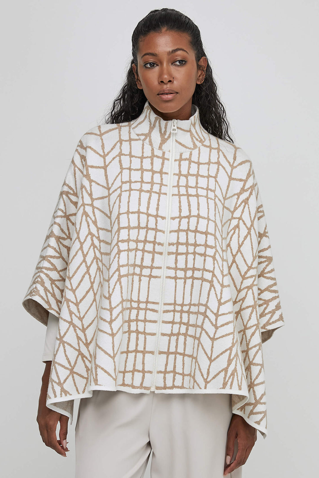 Uchuu CF23-906 Milk Sand Zip Front High Neck Poncho - Olivia Grace Fashion
