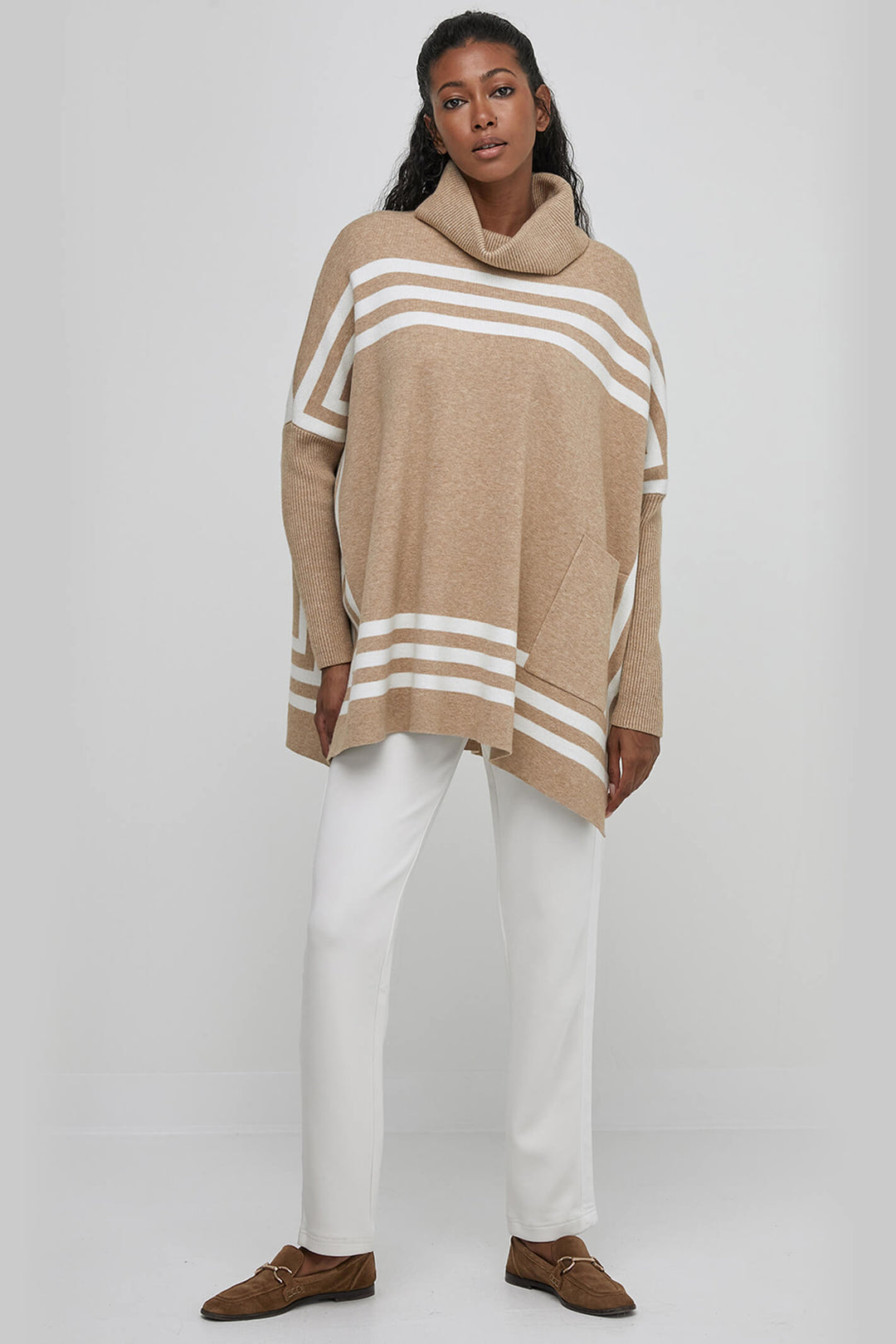Uchuu CF23-908 Sand Milk Striped Cowl Neck Relaxed Fit Jumper