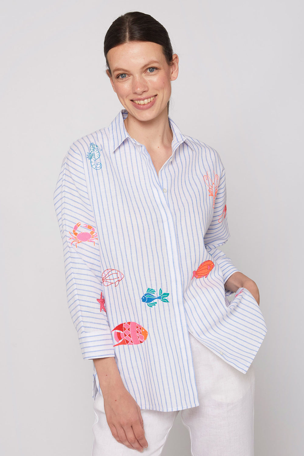 Vilagallo 30895 White Blue Stripe Embroidered Marine Life Shirt - Olivia Grace Fashion