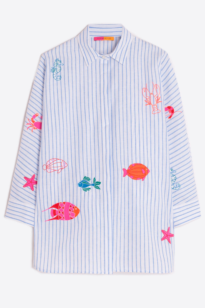 Vilagallo 30895 White Blue Stripe Embroidered Marine Life Shirt - Olivia Grace Fashion