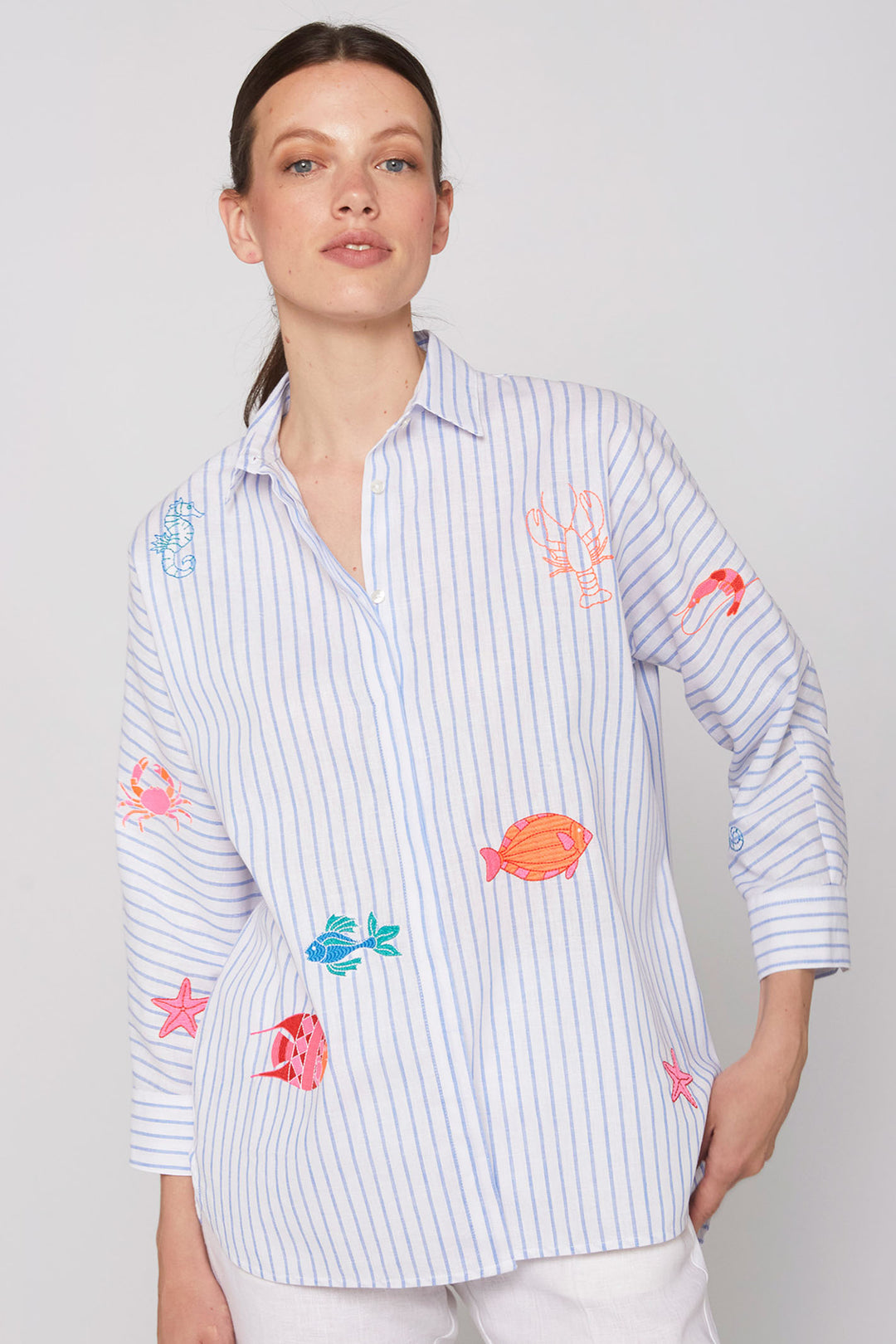 Vilagallo 30895 White Blue Stripe Embroidered Marine Life Shirt - Olivia Grace Fashion