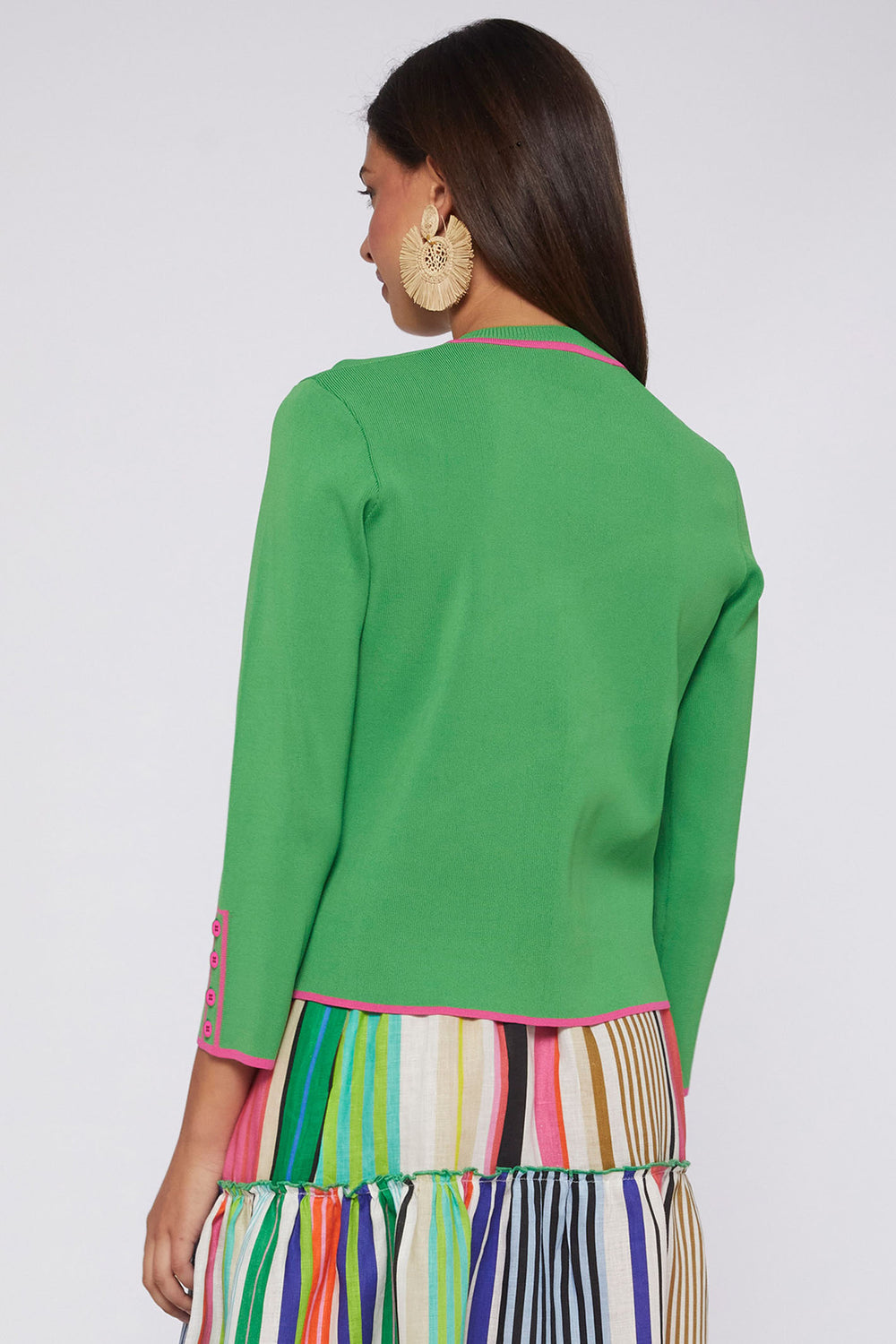 Vilagallo 30900 Green Pink Detailing Round Neck Cardigan - Olivia Grace Fashion