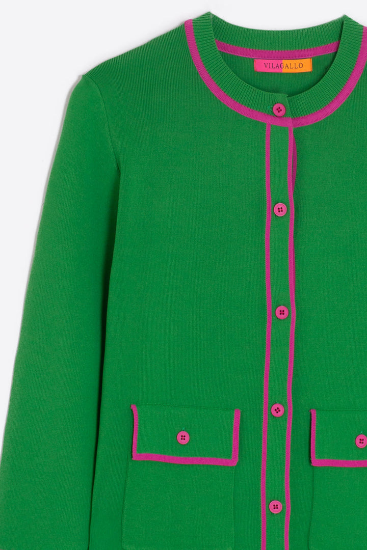 Vilagallo 30900 Green Pink Detailing Round Neck Cardigan - Olivia Grace Fashion