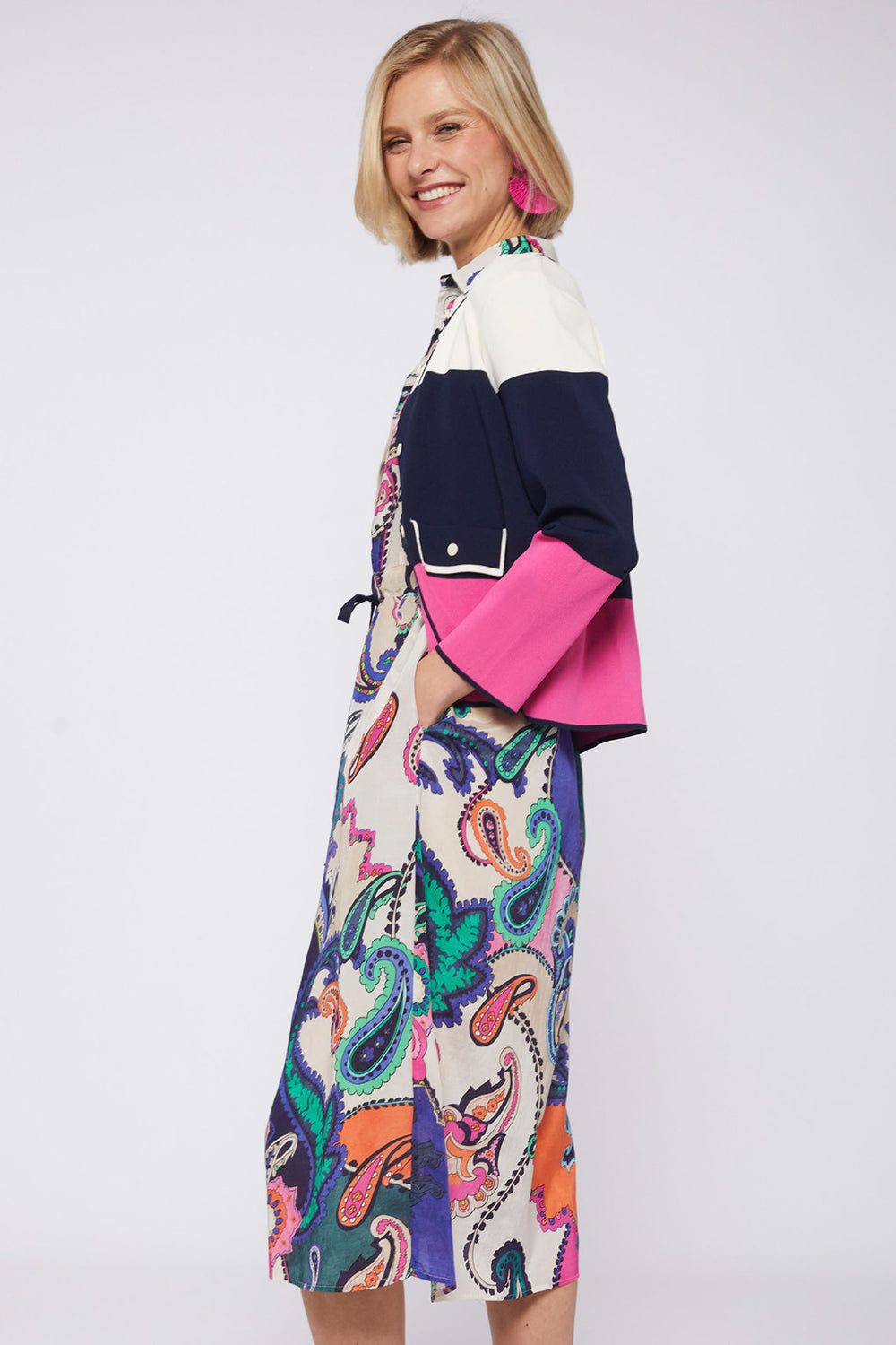 Vilagallo 30902 Cream Navy Pink Block Colour Round Neck Cardigan - Olivia Grace Fashion