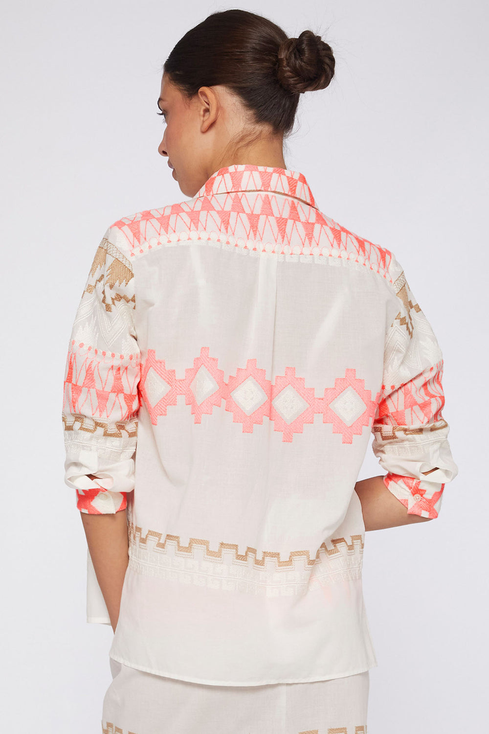 Vilagallo 30994 Cream Pink Aztec Pattern Embroidered Shirt - Olivia Grace Fashion