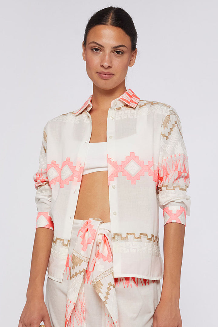 Vilagallo 30994 Cream Pink Aztec Pattern Embroidered Shirt - Olivia Grace Fashion