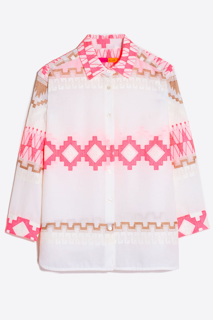 Vilagallo 30994 Cream Pink Aztec Pattern Embroidered Shirt - Olivia Grace Fashion