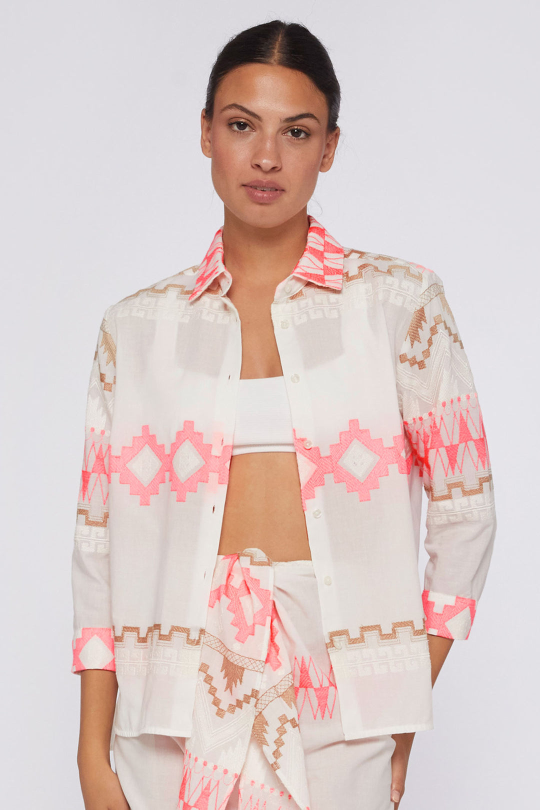 Vilagallo 30994 Cream Pink Aztec Pattern Embroidered Shirt - Olivia Grace Fashion